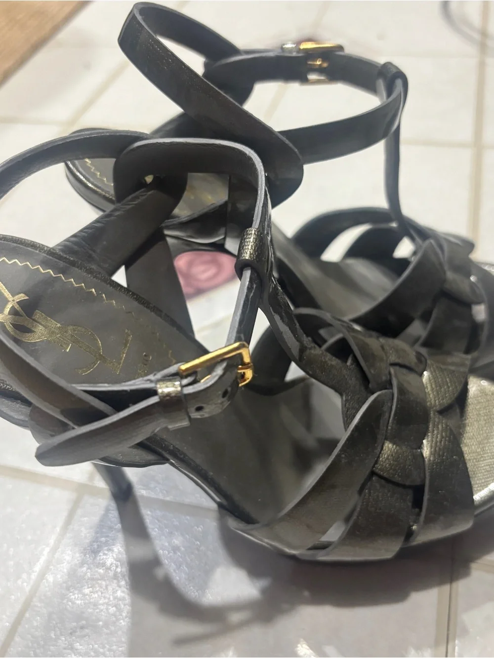 Yves Saint Laurent Metallic Black Strappy Knot Heels